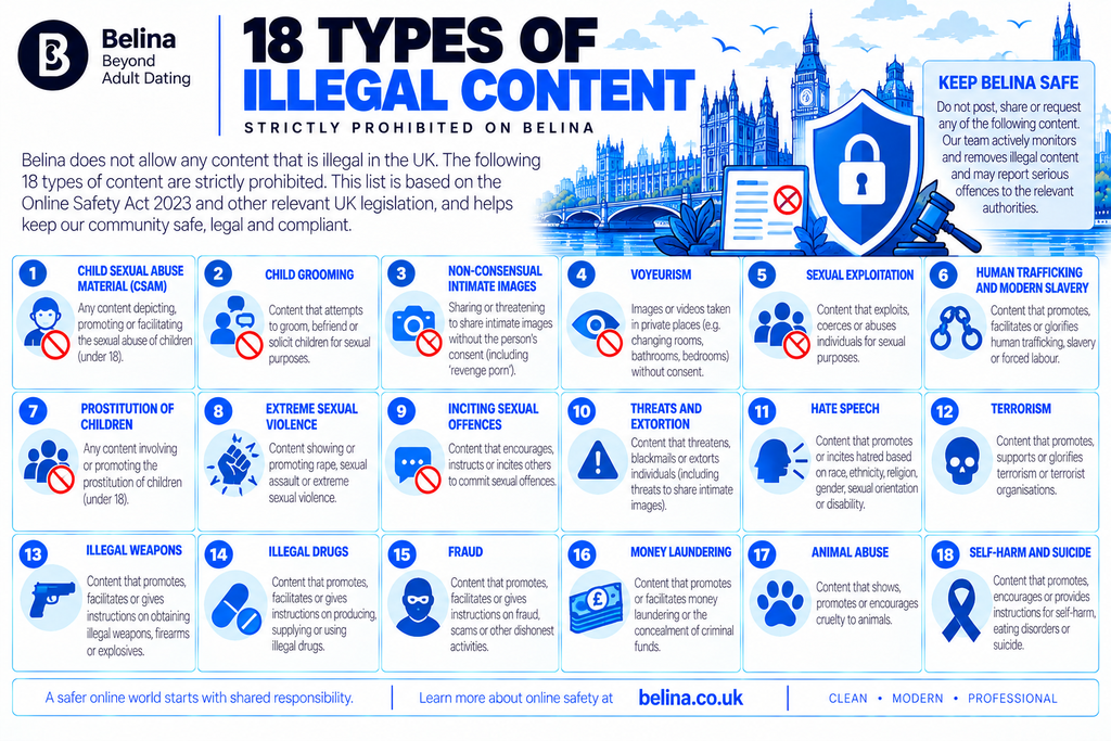 Belina Escorts - 18 Types of Illegal Content - Information Graphic